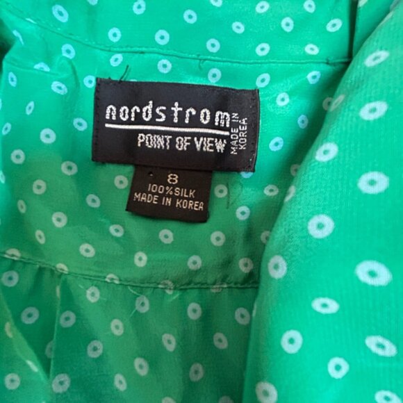 Nordstrom Point Of View Vintage Green Polka Dot Silk Pleated Faux Wrap Dress 8 - Picture 3 of 9